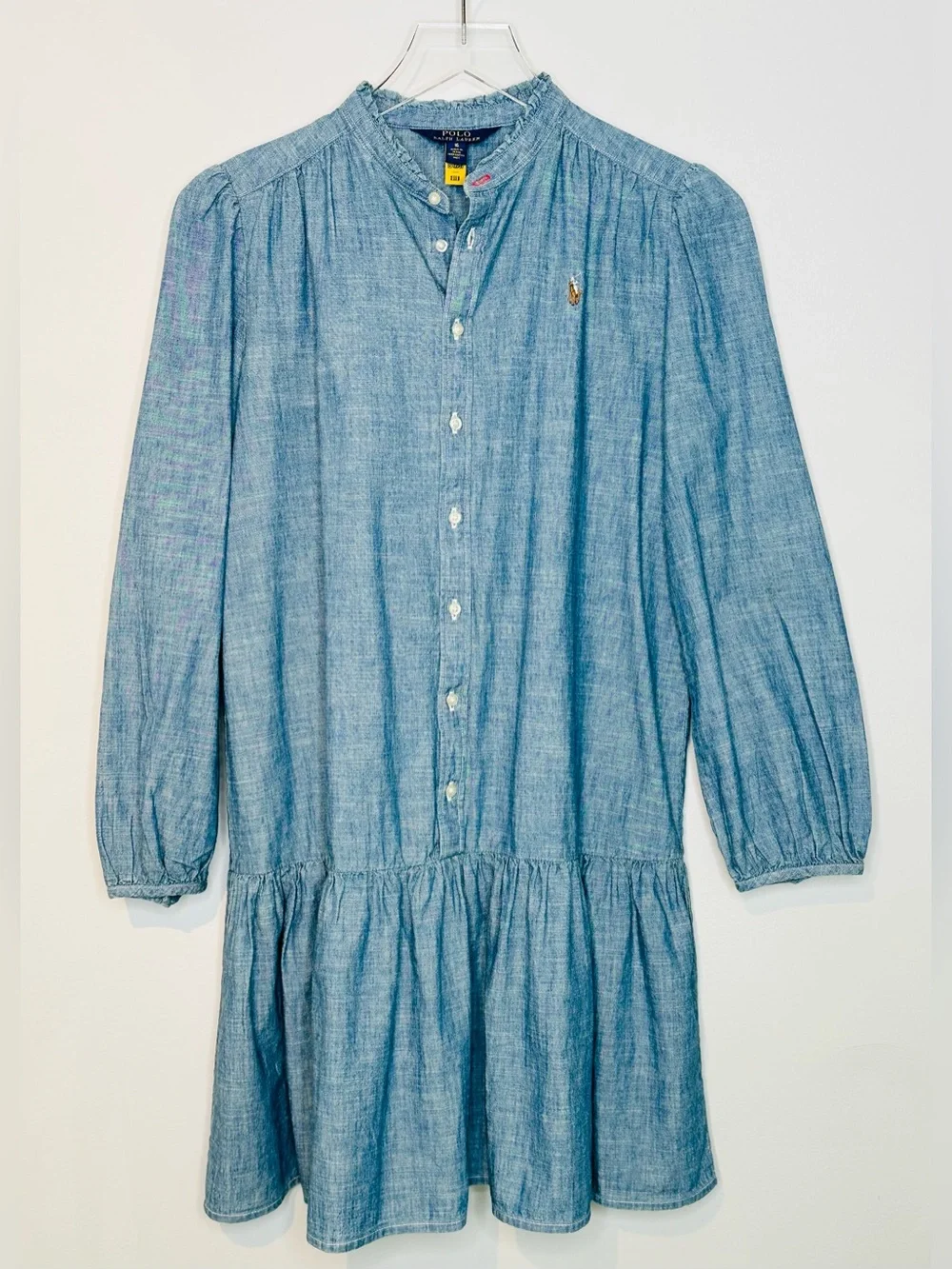 Ralph Lauren Polo Light Blue Chambray Denim Ruffle Hem Drop Waist Dress